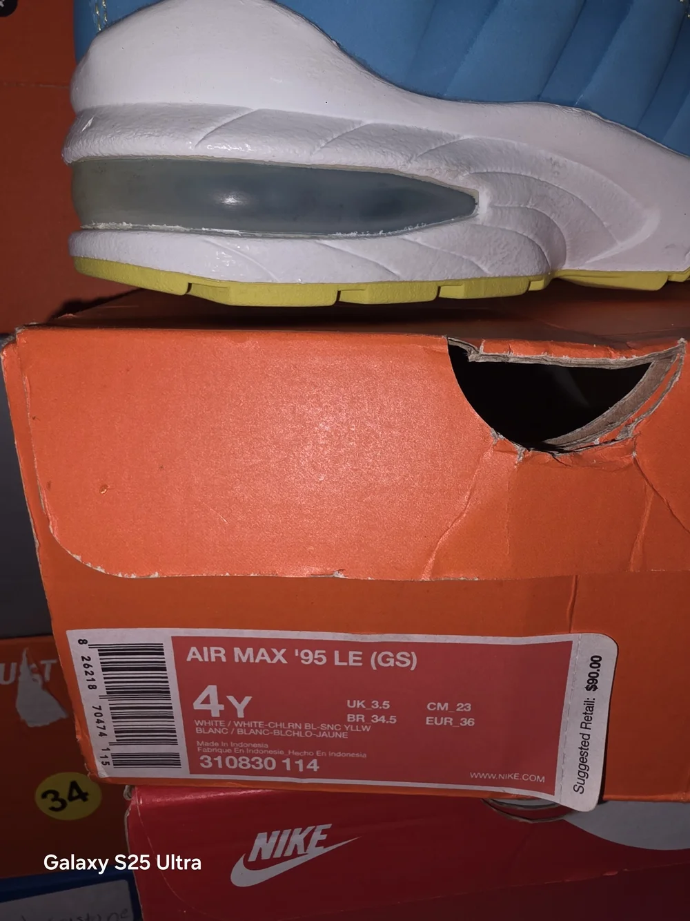 Nike Air Max 95 LE Youth Blue, White & Yellow Sneakers. New In Box. 4Y/5.5W